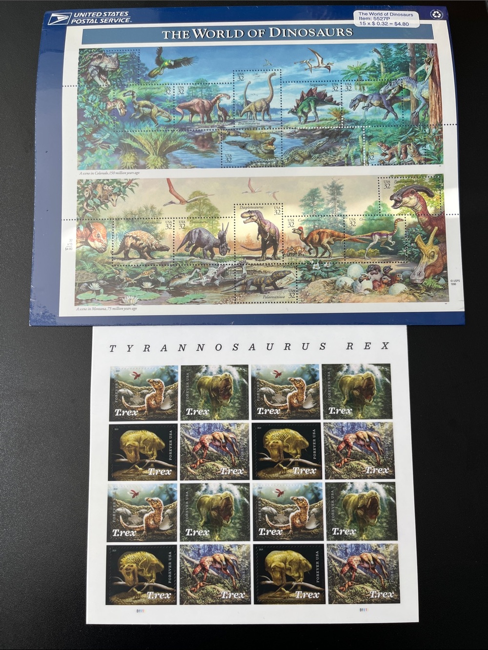 The World of Dinosaurs 32c Tyrannosaurus Rex Forever Sheet stamps Bundle, NEW